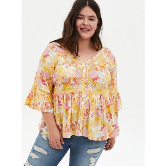 Torrid Peasant Blouse Top Womens Plus Size 2X Yellow Floral Boho Crochet Lace - Picture 9 of 9